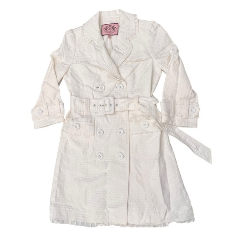 Juicy Couture Womens White Belted Trench Coat Size Small Embossed‎ Daisy Buttons